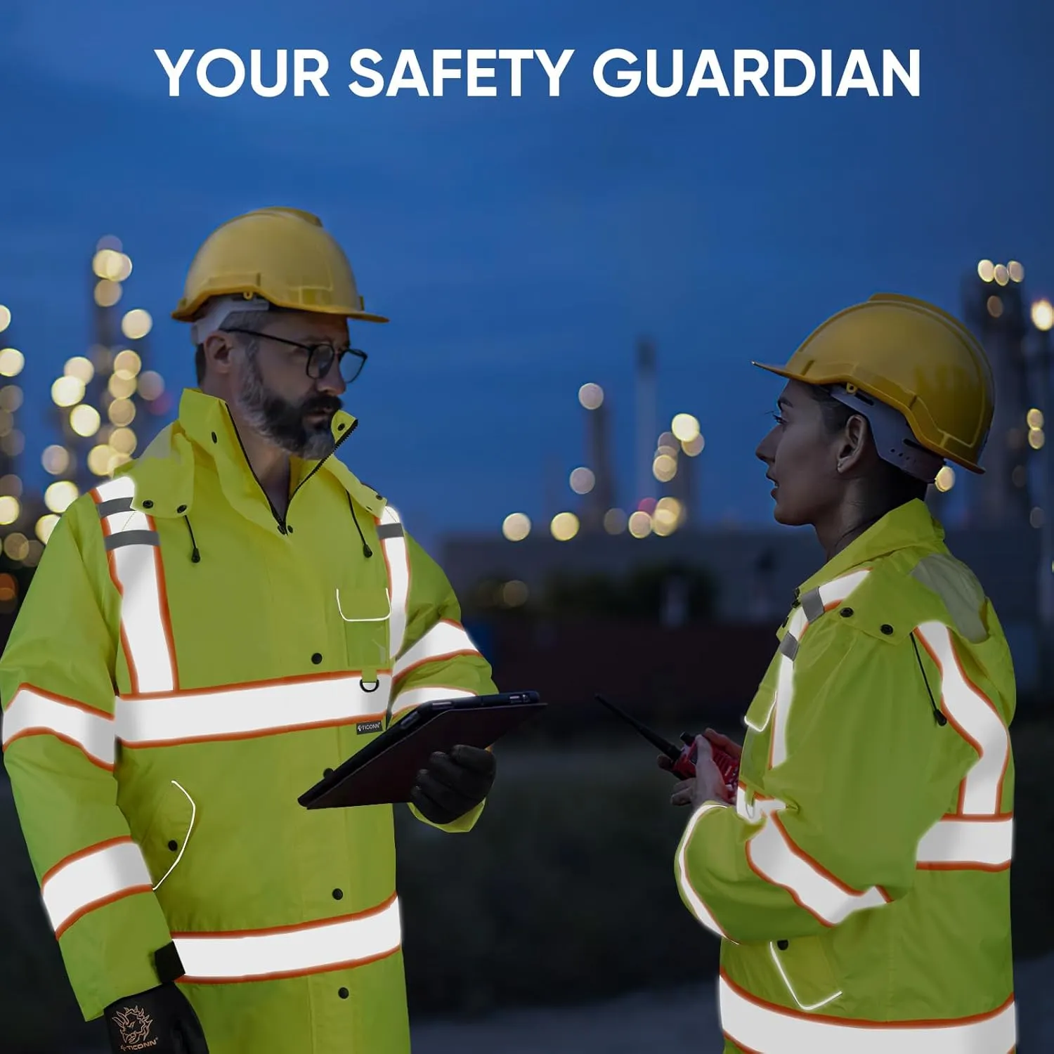TICONN Reflective Rain Coat, Waterproof Hi Vis Safety Rain Jacket, Heavy Duty ANSI Class 3 High Visibility Trench Coat
