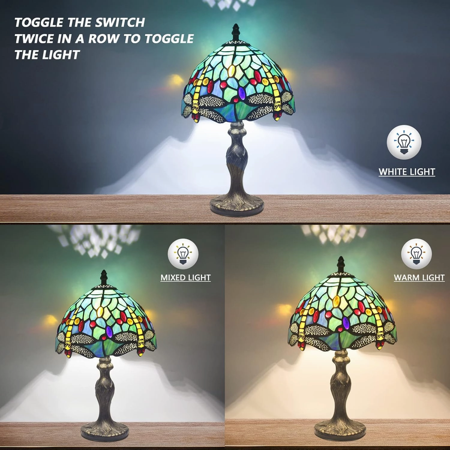Tiffany Table Lamp Stained Glass Crystal Bead Style Table Light, Handmade Desk Bedside Table Night Lamp, Antique Art Craft Gifts Lover Kid Living Room Bedroom Study Bookcase Desk Ligh(Green Dragonfly)