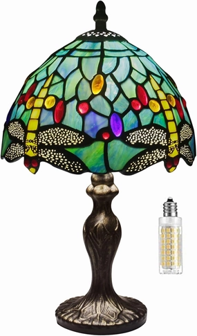 Tiffany Table Lamp Stained Glass Crystal Bead Style Table Light, Handmade Desk Bedside Table Night Lamp, Antique Art Craft Gifts Lover Kid Living Room Bedroom Study Bookcase Desk Ligh(Green Dragonfly)