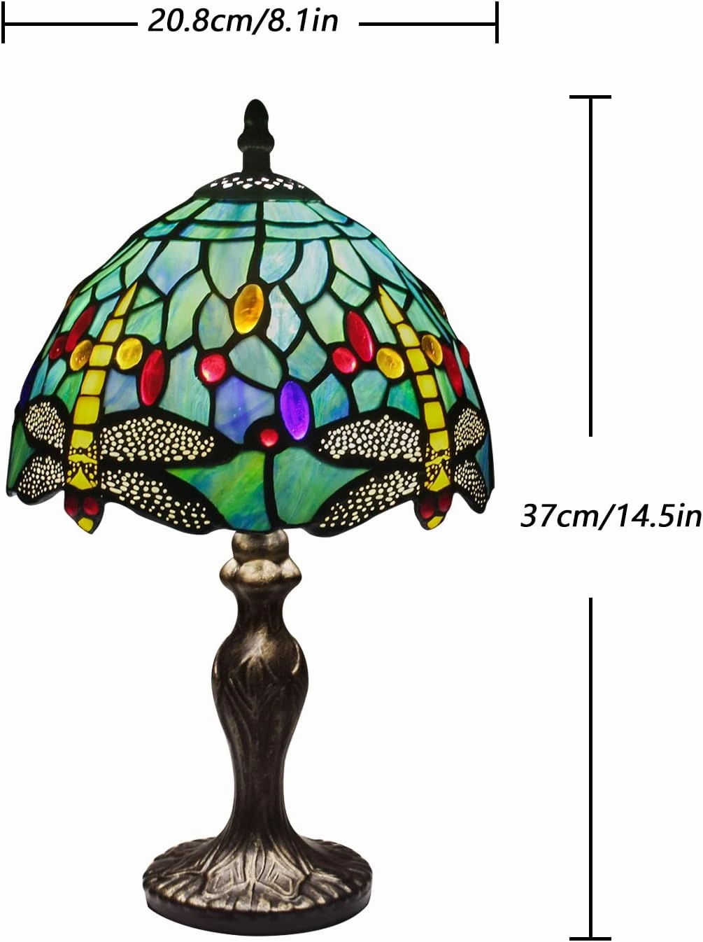 Tiffany Table Lamp Stained Glass Crystal Bead Style Table Light, Handmade Desk Bedside Table Night Lamp, Antique Art Craft Gifts Lover Kid Living Room Bedroom Study Bookcase Desk Ligh(Green Dragonfly)