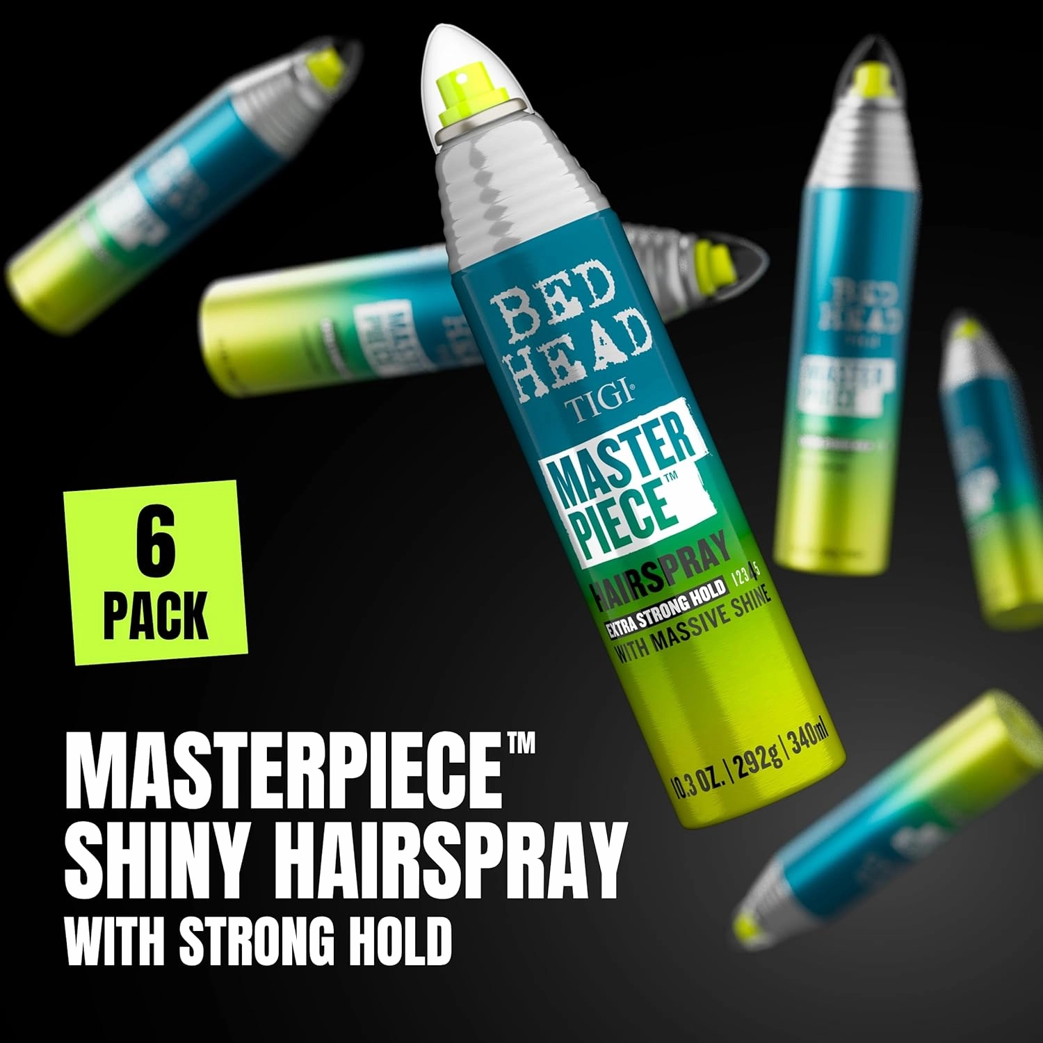TIGI Bed Head Masterpiece Shiny Hairspray with Strong Hold - For All Hair Types - Extra Strong Hold & Shiny Finish - Use on Dry Hair - Premium Hair Care Products for Women & Men - 10.3 oz (6 Pack)