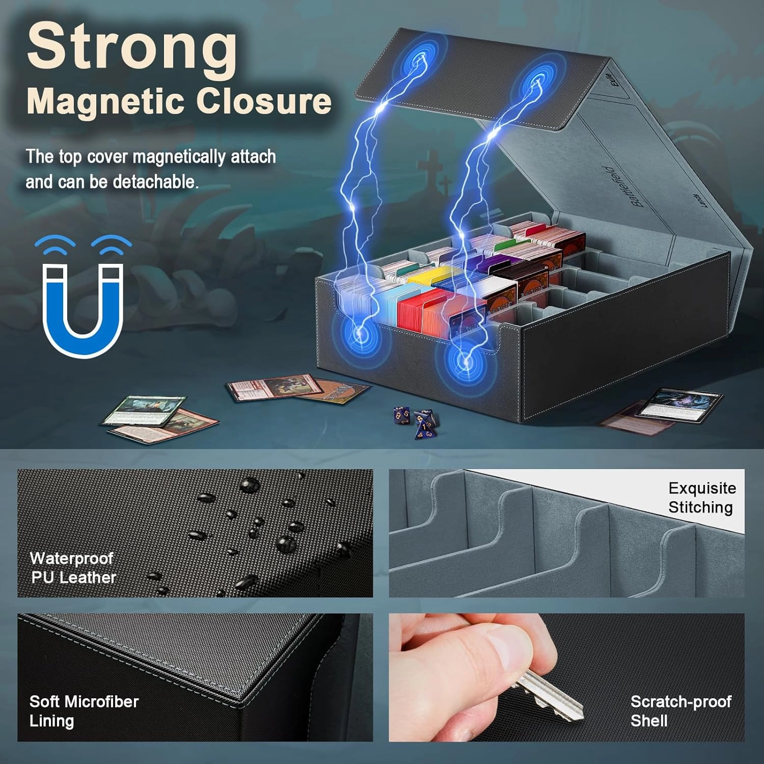 TiMOVO Trading Cards Storage Box, 3800  MTG Card Deck Box with 24 Colorful Dividers & 5 Card Supporters, 5 Rows Magnetic Leather Commander Deck Box Fits MTG Yugioh TCG Magic Game Cards, Black Grey