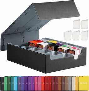 TiMOVO Trading Cards Storage Box, 3800  MTG Card Deck Box with 24 Colorful Dividers & 5 Card Supporters, 5 Rows Magnetic Leather Commander Deck Box Fits MTG Yugioh TCG Magic Game Cards, Black Grey