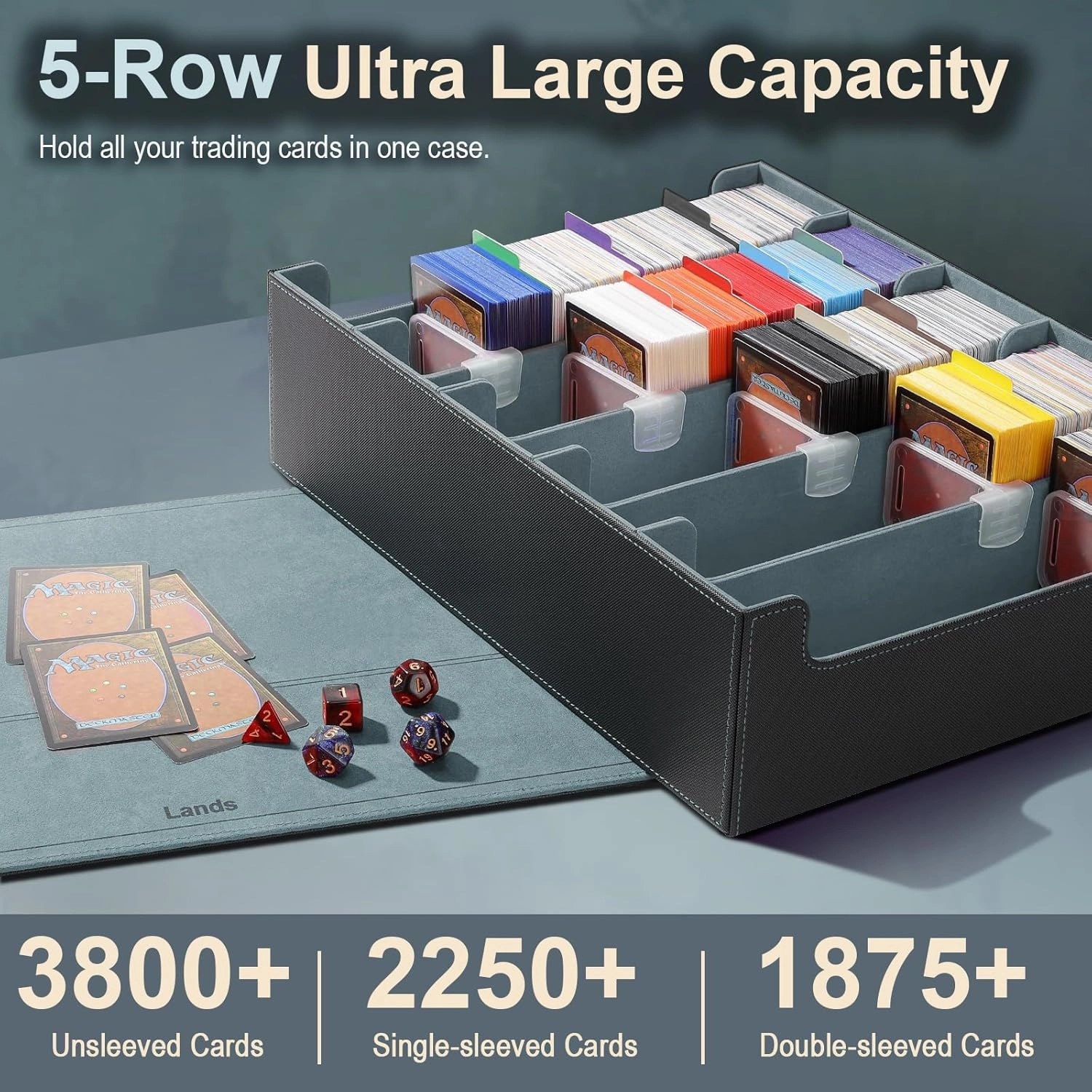 TiMOVO Trading Cards Storage Box, 3800  MTG Card Deck Box with 24 Colorful Dividers & 5 Card Supporters, 5 Rows Magnetic Leather Commander Deck Box Fits MTG Yugioh TCG Magic Game Cards, Black Grey