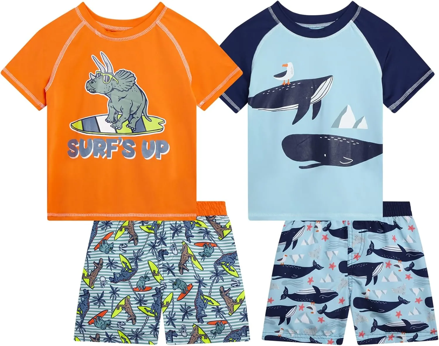 Toddler Baby Boys Swim Set - 4 Piece Swim Trunks and Short Sleeve Rash Guard for Boys Kids Swimwear (Sizes: 12M-7)