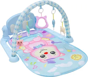 Toddler Baby Play Gym Mat Tummy Time Activity Mat Baby Playmat for Newborn to Toddlers Floor Toy with Music Keyboard Skills Foldable (Long Blue)