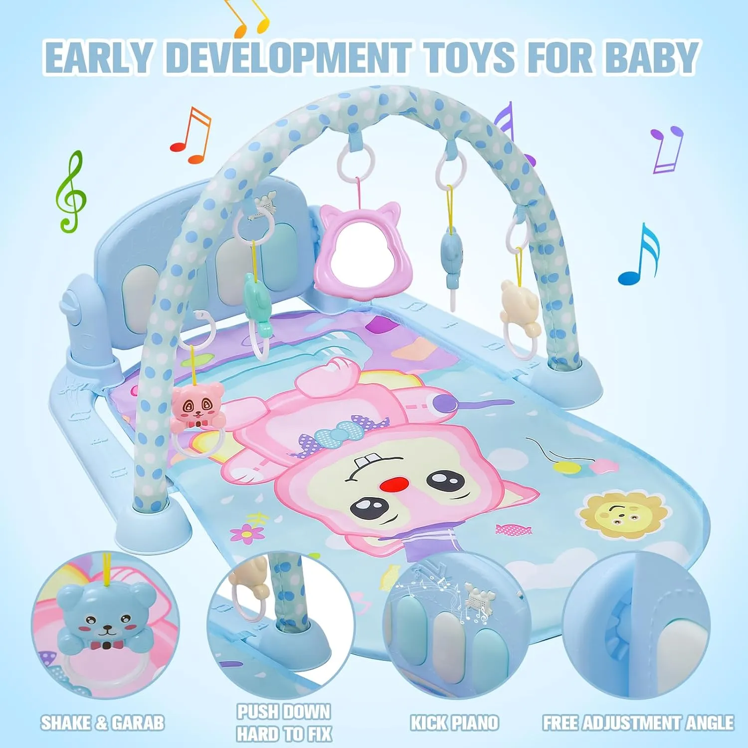 Toddler Baby Play Gym Mat Tummy Time Activity Mat Baby Playmat for Newborn to Toddlers Floor Toy with Music Keyboard Skills Foldable (Long Blue)