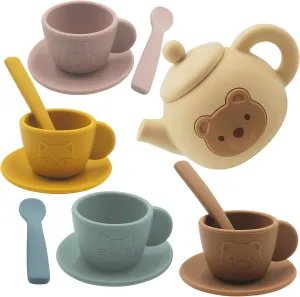Toddler Silicone Tea Pot Set for Little Kids Girls 3-5, Meroqeel Princess Play Mini Tea Party Toy Sets for Toddlers 4-6, Juego de te para Niñas, A Teapot and 4 Pack Teacup Sets