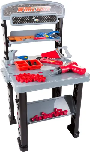 Tool Bench – 75-Piece Toy Pretend Woodworking and Mechanic Workshop for Toddlers, Children with Battery Powered Drill and Accessories by Hey! Play! , Gray