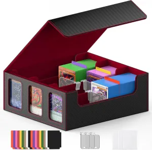 TopMade Card Deck Box with Commander Display for Trading Cards 2400  with 18 Colorful Divider, Leather Magnetic Commander Trading Card Storage Box for YuGiOh, MTG, TCG and Sport Cards - Black & Red