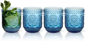 Topsky Vintage Drinking Glasses Set of 4,12oz Drinkware Set,Blue Glass Cups Wine Glasses Colored Glassware for Whisky,Beer,Juice,Cocktail,Heavy Duty