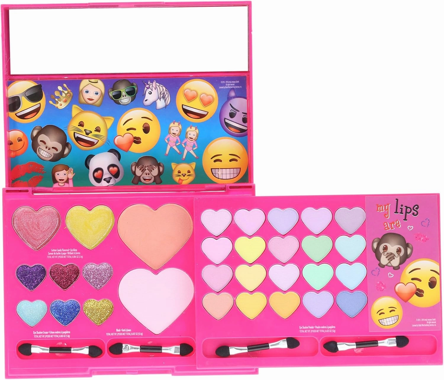 Townley Girl Emoji Sparkly, Shiney Cosmetic Set for Girls, Eye Shadow, Blush, Lip Gloss, applicators and Mirror
