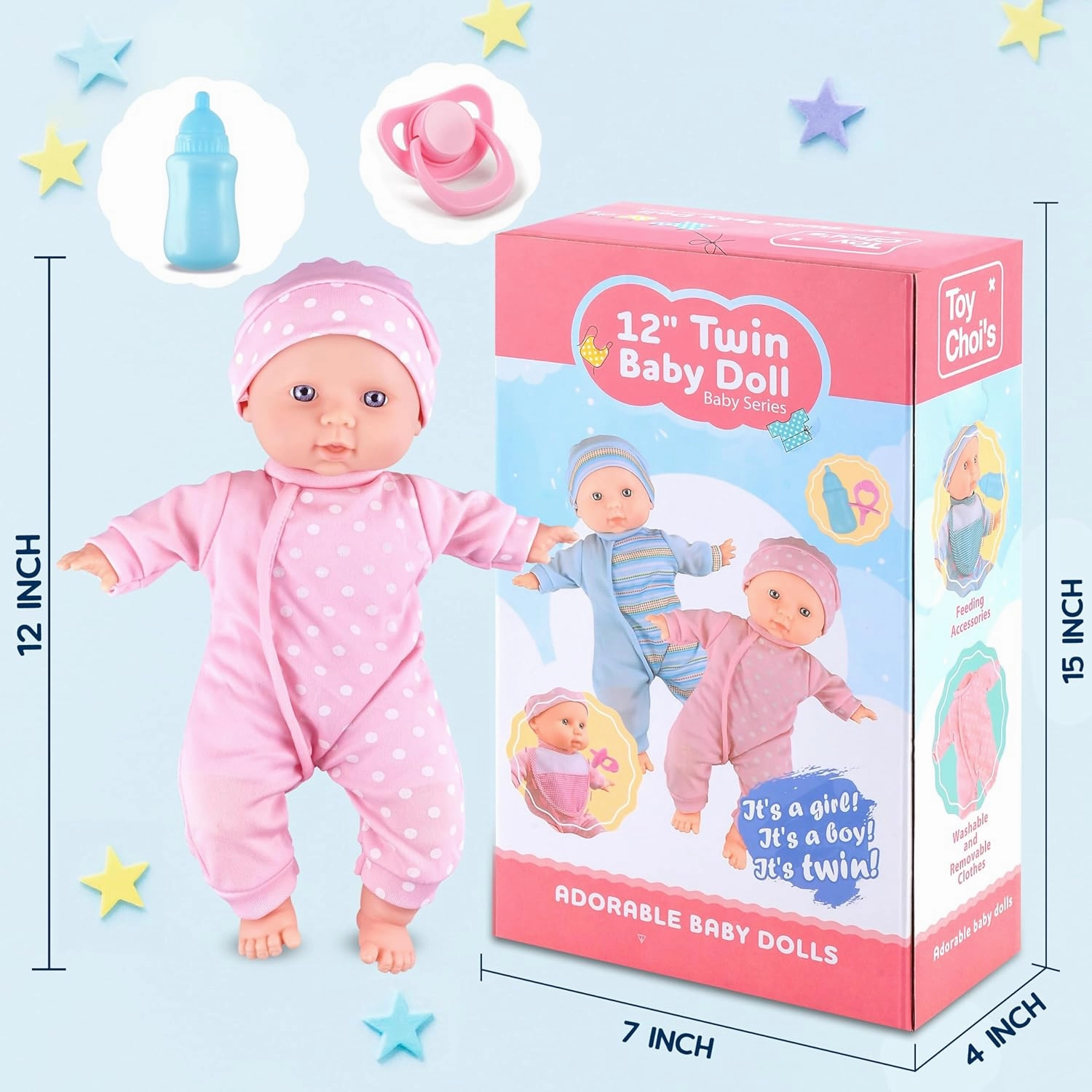 Toy Choi's Baby Doll Twin Baby Dolls 12 inch Soft Body 2 Dolls Playset with Rompers, Hat, Pacifier and Doll Bibs, Gifts for 1 2 3 4 5 Year Old Boys Girls, Toddlers and Kids