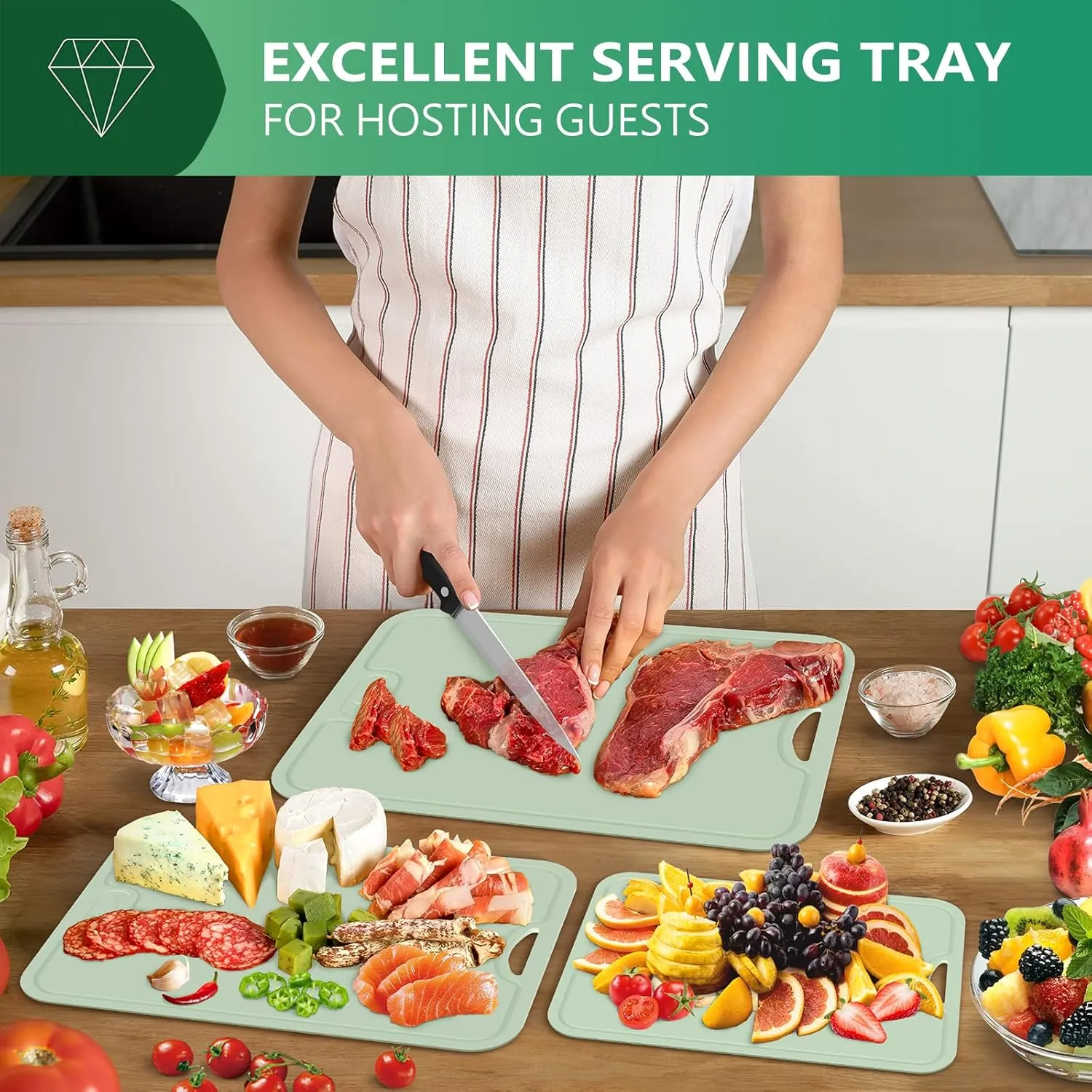 TPU Cutting Boards for Kitchen, Chopping Board Set of 3, Non Slip Cutting Boards with Juice Groove, Knife Mark Resistant Chopping Mat, BPA Free, Dishwasher Safe, Space Saving Camping Cutting Board