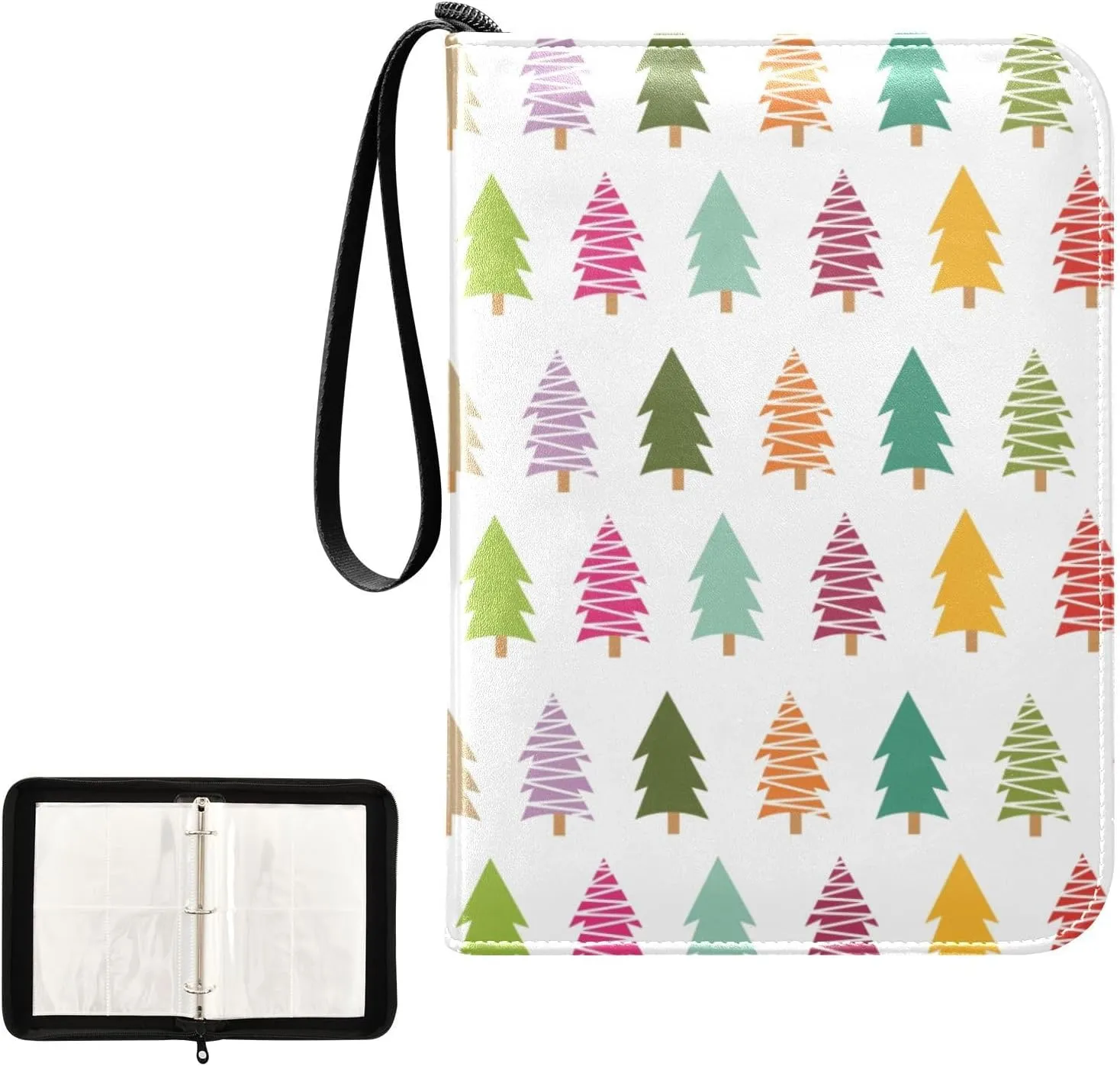 Trading Card Binder with Sleeves Colorful Christmas Trees C4 Pocket Card Binder PU Card Collection Binder 400 Cards Holder Collector Album