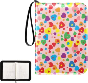 Trading Card Binder with Sleeves Colorful Heart C4 Pocket Card Binder PU Card Collection Binder 400 Cards Holder Collector Album