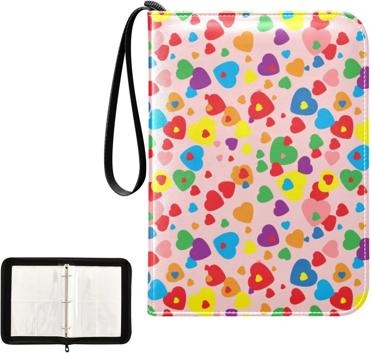 Trading Card Binder with Sleeves Colorful Heart C4 Pocket Card Binder PU Card Collection Binder 400 Cards Holder Collector Album
