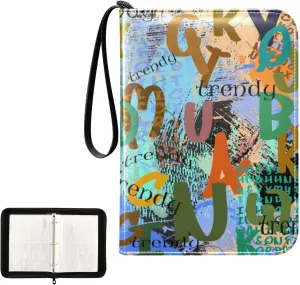 Trading Card Binder with Sleeves Doodle Colorful Letters Backdrop C4 Pocket Card Binder PU Card Collection Binder 400 Cards Holder Collector Album