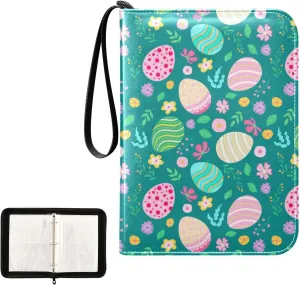 Trading Card Binder with Sleeves Easter Colorful Eggs and Flowers C4 Pocket Card Binder PU Card Collection Binder 400 Cards Holder Collector Album