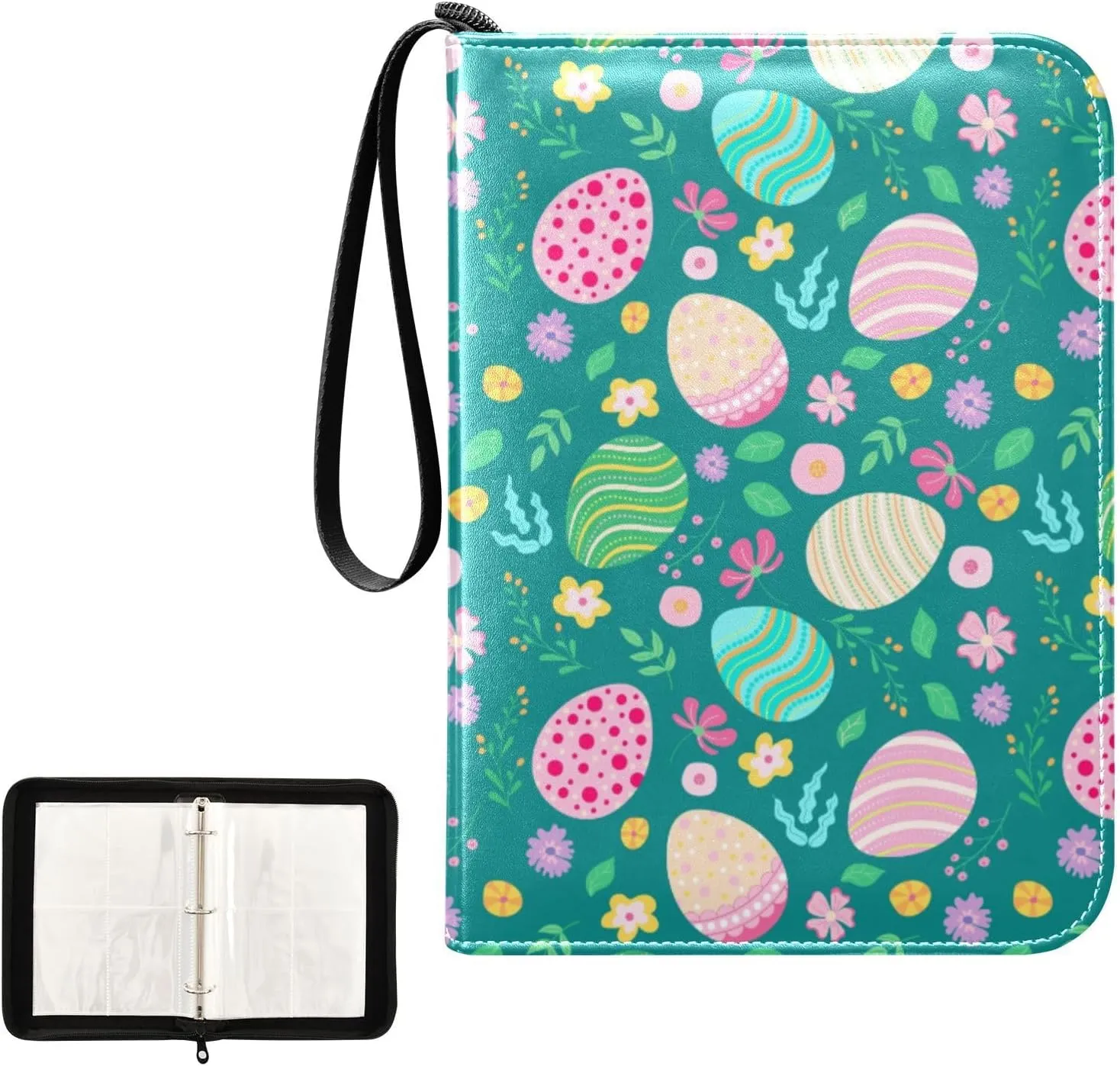 Trading Card Binder with Sleeves Easter Colorful Eggs and Flowers C4 Pocket Card Binder PU Card Collection Binder 400 Cards Holder Collector Album
