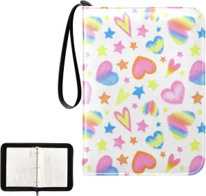 Trading Card Binder with Sleeves Heart Stars Colorful Seamless C4 Pocket Card Binder PU Card Collection Binder 400 Cards Holder Collector Album
