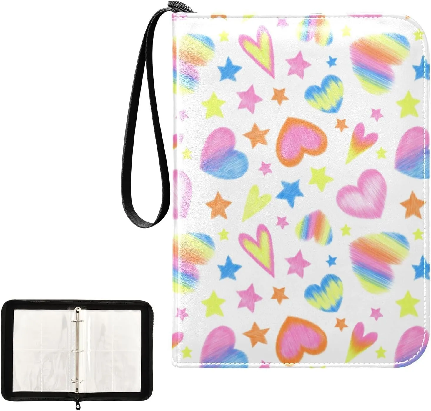 Trading Card Binder with Sleeves Heart Stars Colorful Seamless C4 Pocket Card Binder PU Card Collection Binder 400 Cards Holder Collector Album