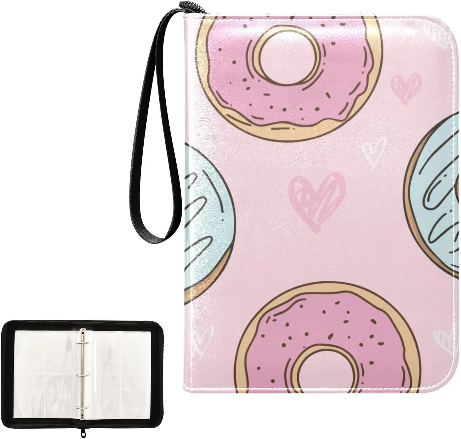 Trading Card Binder with Sleeves Sweet Heart Colorful Donuts C4 Pocket Card Binder PU Card Collection Binder 400 Cards Holder Collector Album
