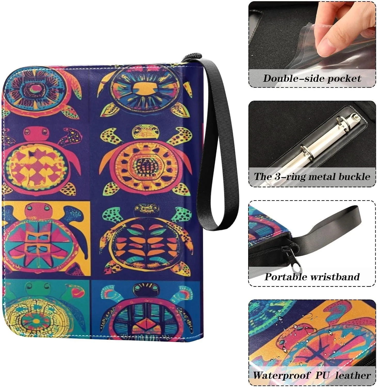 Trading Card Storage Binder PU Leather Card Holder with Zipper 400 Slots Collector Album Waterproof Card Organizer Colorful Turtle Retro