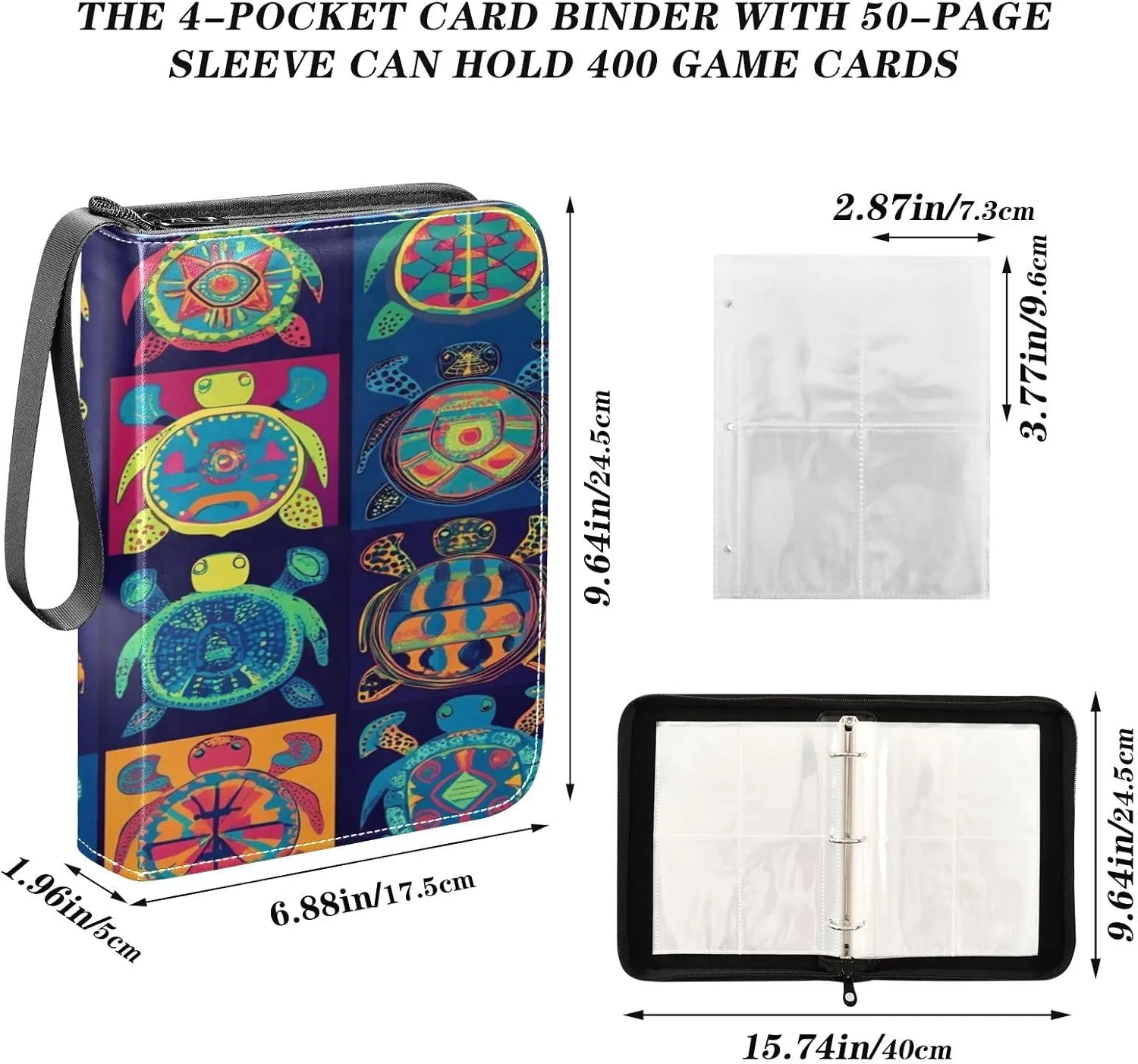Trading Card Storage Binder PU Leather Card Holder with Zipper 400 Slots Collector Album Waterproof Card Organizer Colorful Turtle Retro