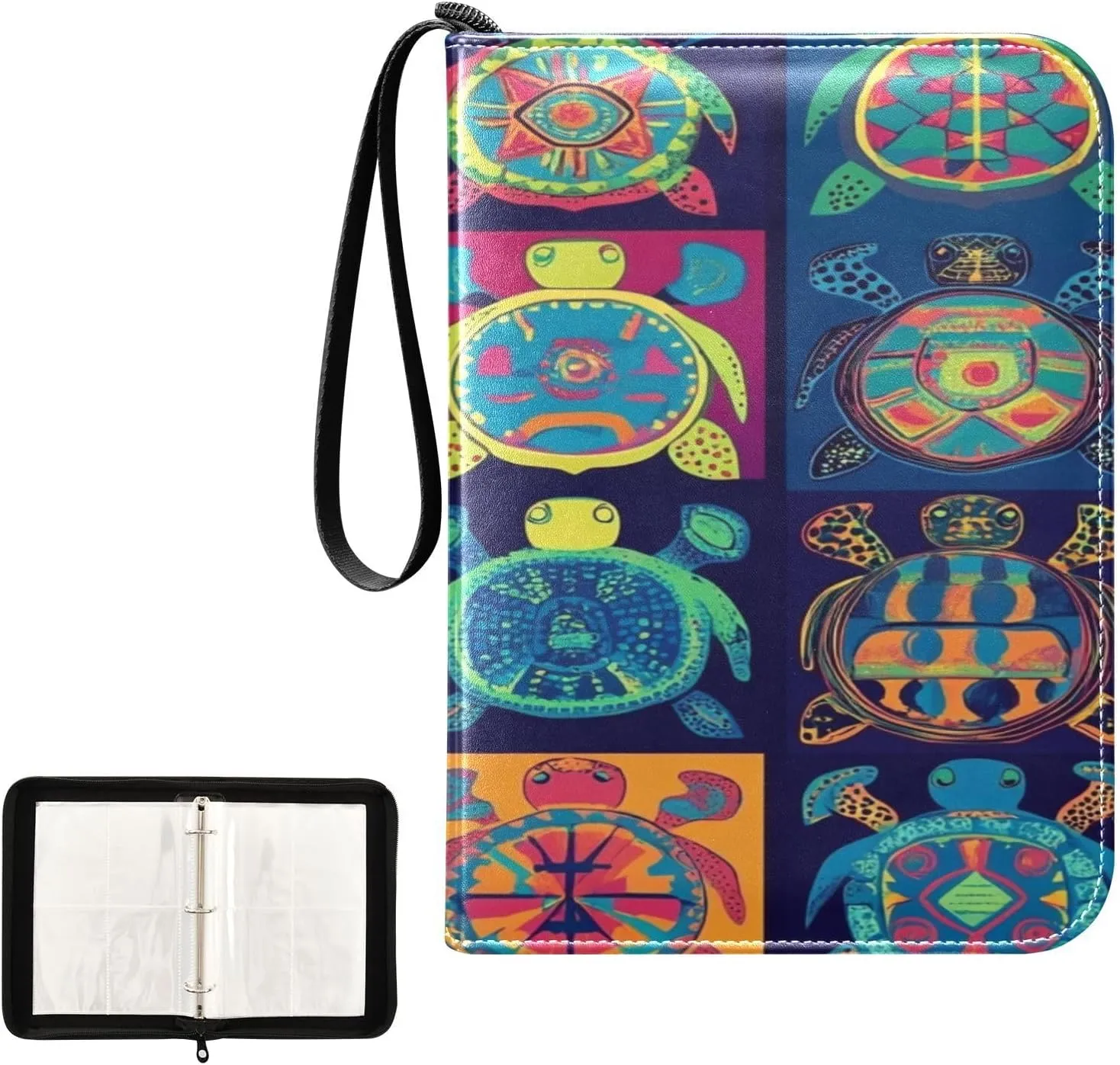 Trading Card Storage Binder PU Leather Card Holder with Zipper 400 Slots Collector Album Waterproof Card Organizer Colorful Turtle Retro