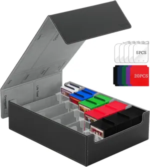 Trading Card Storage Box, 3800  Card Box with 20 Colorful Dividers&5 Supporters, Leather Magnetic Closure Deck Box, Storage Box for YuGiOh, MTG, Black/Grey