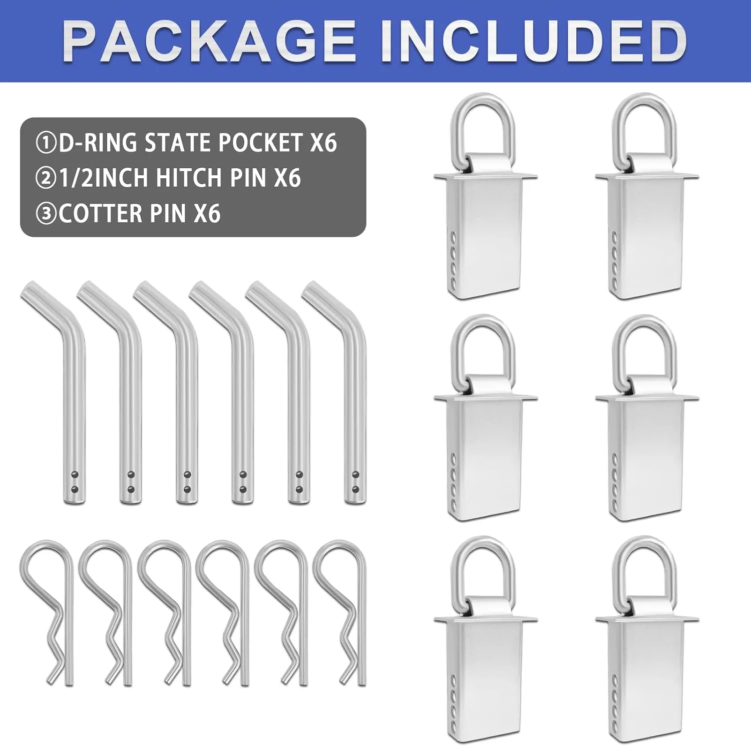 Trailer Stake Pocket D Ring 6PCS 16200lbs Heavy Duty Removable Adjustable D-Ring Stake Pocket Tie Downs for Utility Trailers, Flatbed Trucks w/ 1/2" Hitch Pin(Silvery)