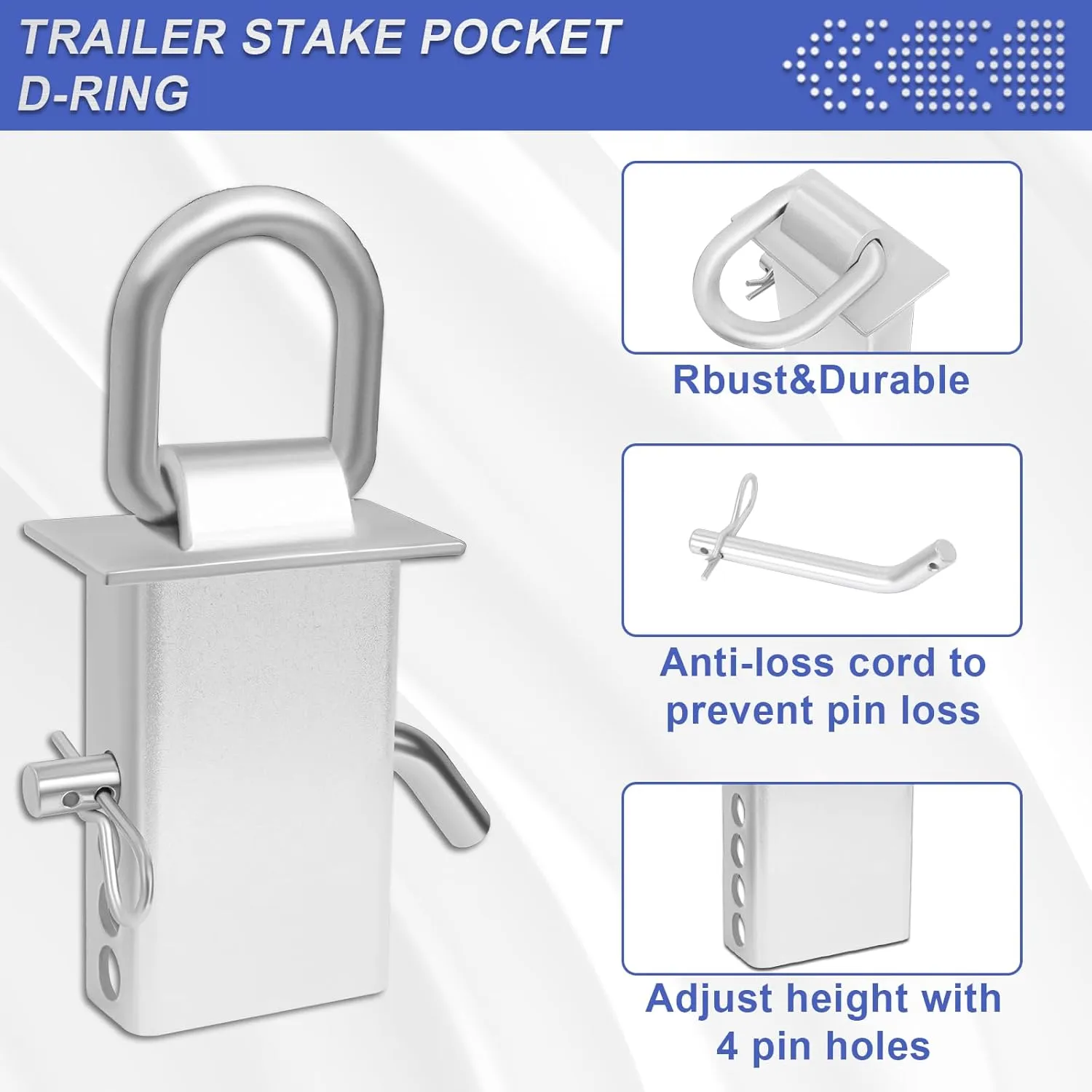Trailer Stake Pocket D Ring 6PCS 16200lbs Heavy Duty Removable Adjustable D-Ring Stake Pocket Tie Downs for Utility Trailers, Flatbed Trucks w/ 1/2" Hitch Pin(Silvery)