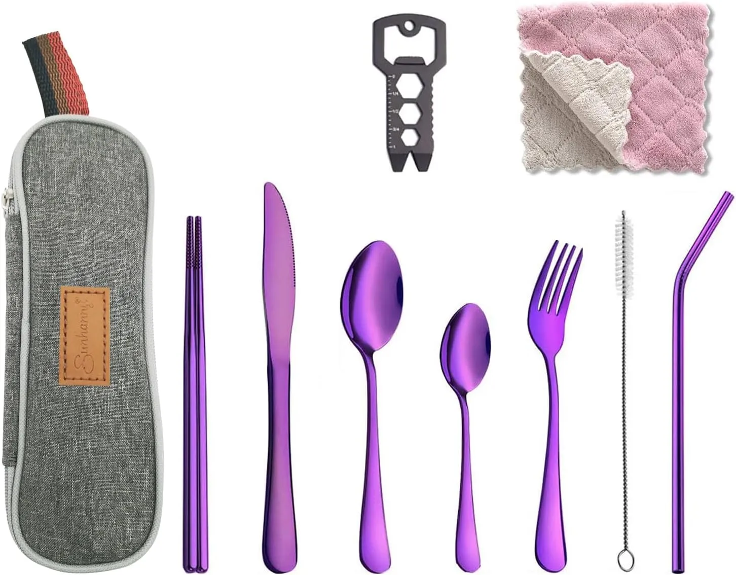 Travel Utensil Set, Reusable Utensils with Case, Portable Flatware including Knife Fork Spoon Chopsticks Cleaning Brush Straws Multi-Tool Dish Cloth (Purple)