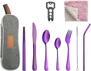 Travel Utensil Set, Reusable Utensils with Case, Portable Flatware including Knife Fork Spoon Chopsticks Cleaning Brush Straws Multi-Tool Dish Cloth (Purple)
