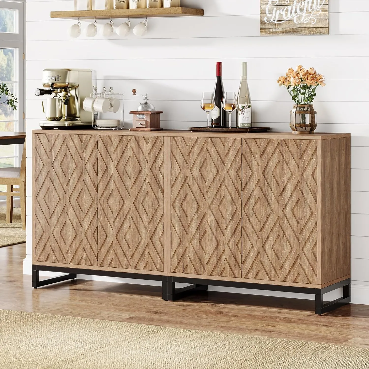 Tribesigns Sideboard Buffet Cabinet with Storage, 57.5" Farmhouse Coffee Bar Cabinet with 4 Doors & Shelves, Wood Credenza Buffet Table for Dining Room, Kitchen, Living Room