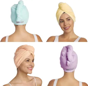 Turbie Twist 4-Pack Microfiber Hair Towel for Beauty, Travel, Gifting - Wrap Turban for Straight, Wavy & Curly Hair - Premium Personal Care - Bermuda, Purple, Lilac & Lemon