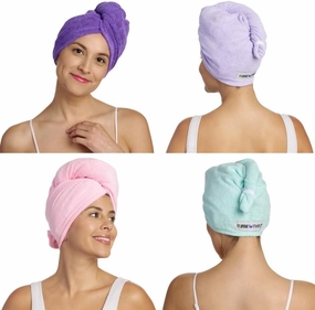 Turbie Twist 4-Pack Microfiber Hair Towel for Beauty, Travel, Gifting - Hair Wrap Turban for Straight, Wavy & Curly Hair - Premium Hair Care (Dark Purple, Light Purple, Pink, Mint)
