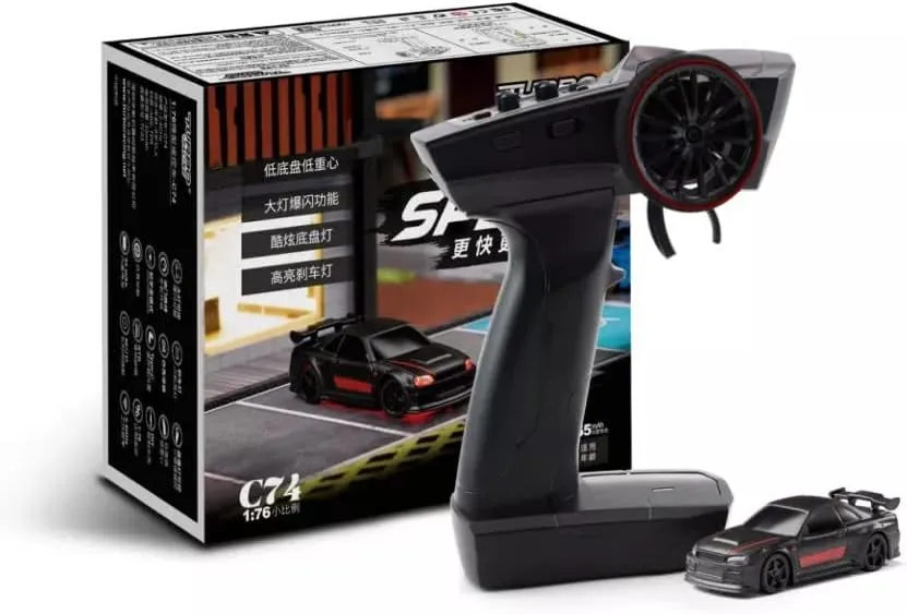 Turbo Racing C74 1:76 Scale Drift Car RTR 4CH 2.4GHZ Drift RC Sports Car RTR Kit Mini Full Proportional Remote Control Toys for Kids and Adults with 2 Replaceable Body Shell - Black (HP0170-0053)