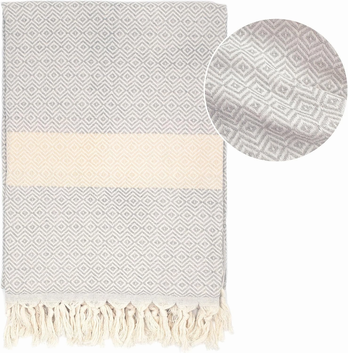 Turkish Beach Towels Oversized - Soft Cotton Woven Beach Towel, Quick Dry Sand Resistant Beach Blanket, Thin Lightweight Compact for Travel, Tassels Large Bath Towel 39x71 (GreyBeige)