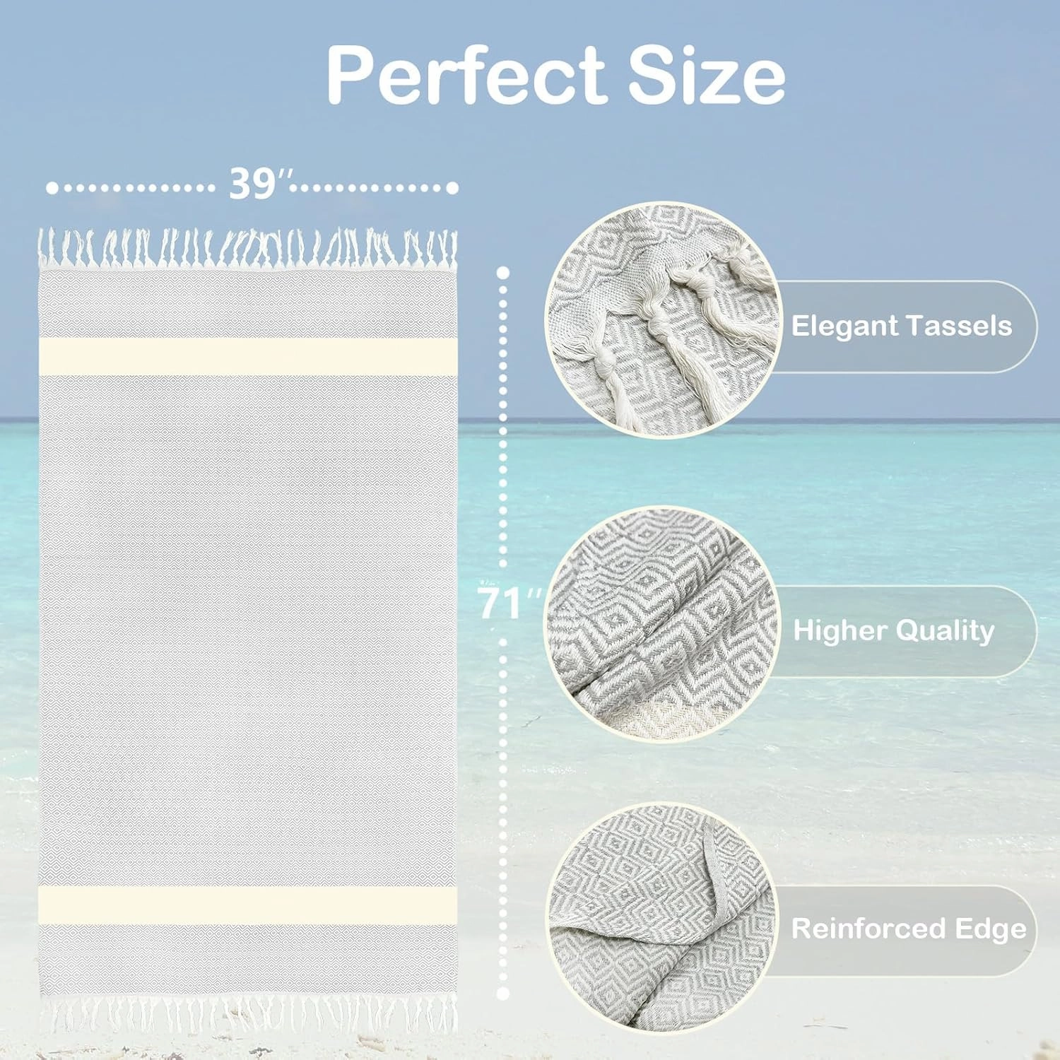 Turkish Beach Towels Oversized - Soft Cotton Woven Beach Towel, Quick Dry Sand Resistant Beach Blanket, Thin Lightweight Compact for Travel, Tassels Large Bath Towel 39x71 (GreyBeige)