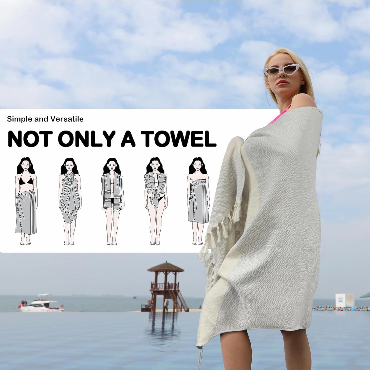 Turkish Beach Towels Oversized - Soft Cotton Woven Beach Towel, Quick Dry Sand Resistant Beach Blanket, Thin Lightweight Compact for Travel, Tassels Large Bath Towel 39x71 (GreyBeige)