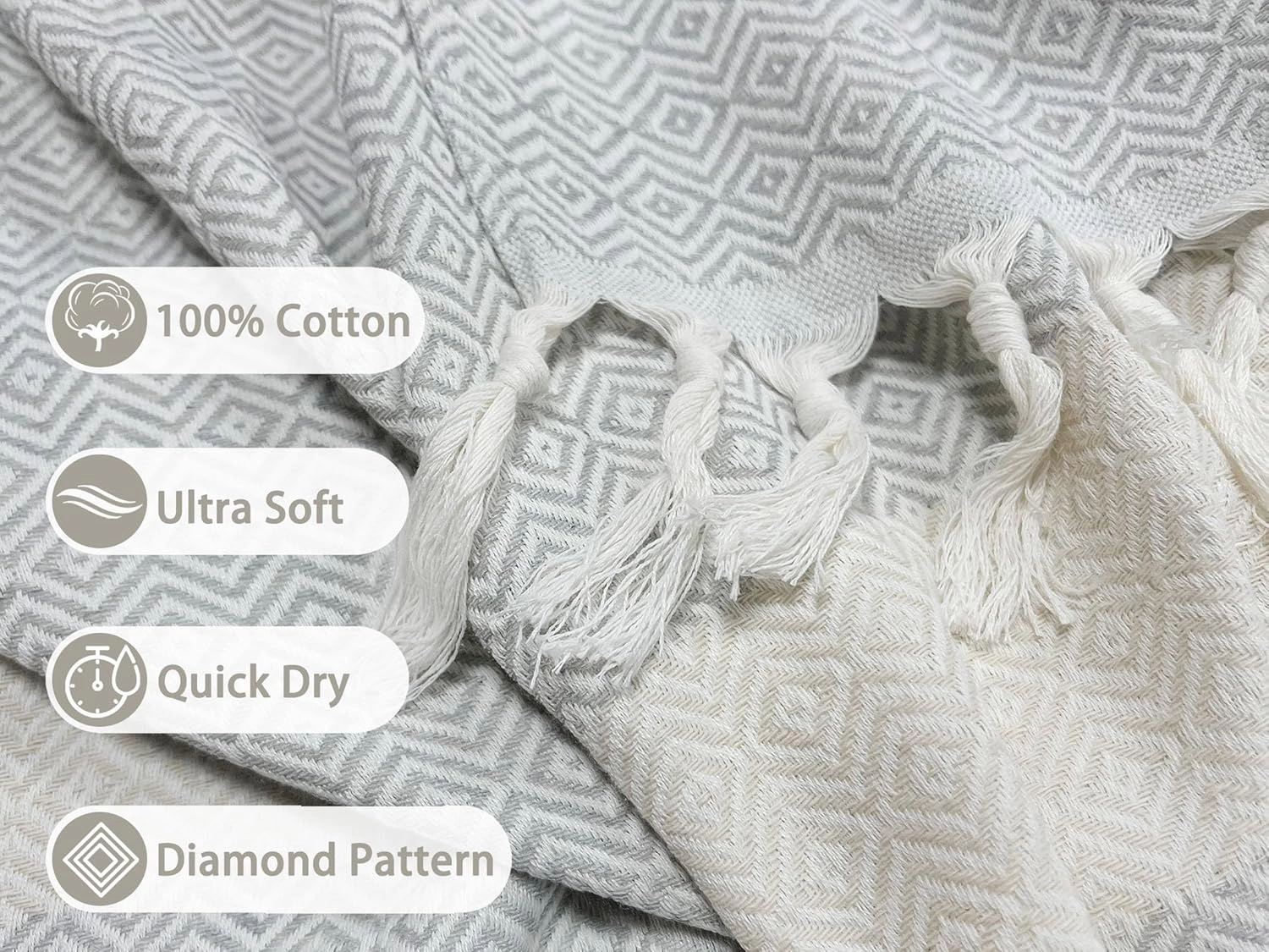 Turkish Beach Towels Oversized - Soft Cotton Woven Beach Towel, Quick Dry Sand Resistant Beach Blanket, Thin Lightweight Compact for Travel, Tassels Large Bath Towel 39x71 (GreyBeige)