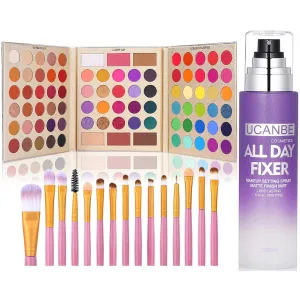 UCANBE 6.7 Fl oz Makeup Setting Spray   86 Colors Eyeshadow Palette with 15pcs Makeup Brushes Set Matte Glitter Long Lasting Highly Pigmented Waterproof Contour Blush Powder Highlighter All in One