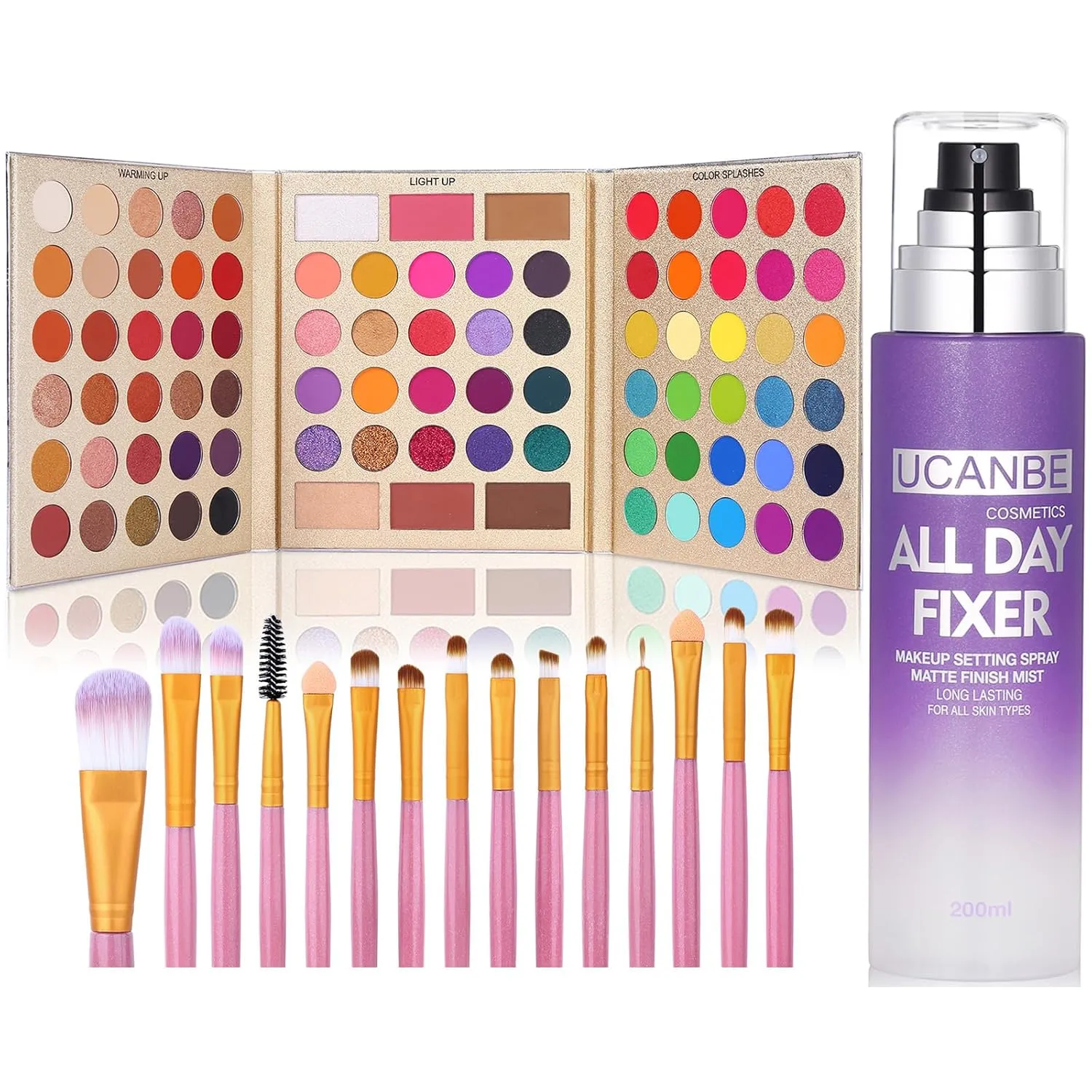 UCANBE 6.7 Fl oz Makeup Setting Spray   86 Colors Eyeshadow Palette with 15pcs Makeup Brushes Set Matte Glitter Long Lasting Highly Pigmented Waterproof Contour Blush Powder Highlighter All in One