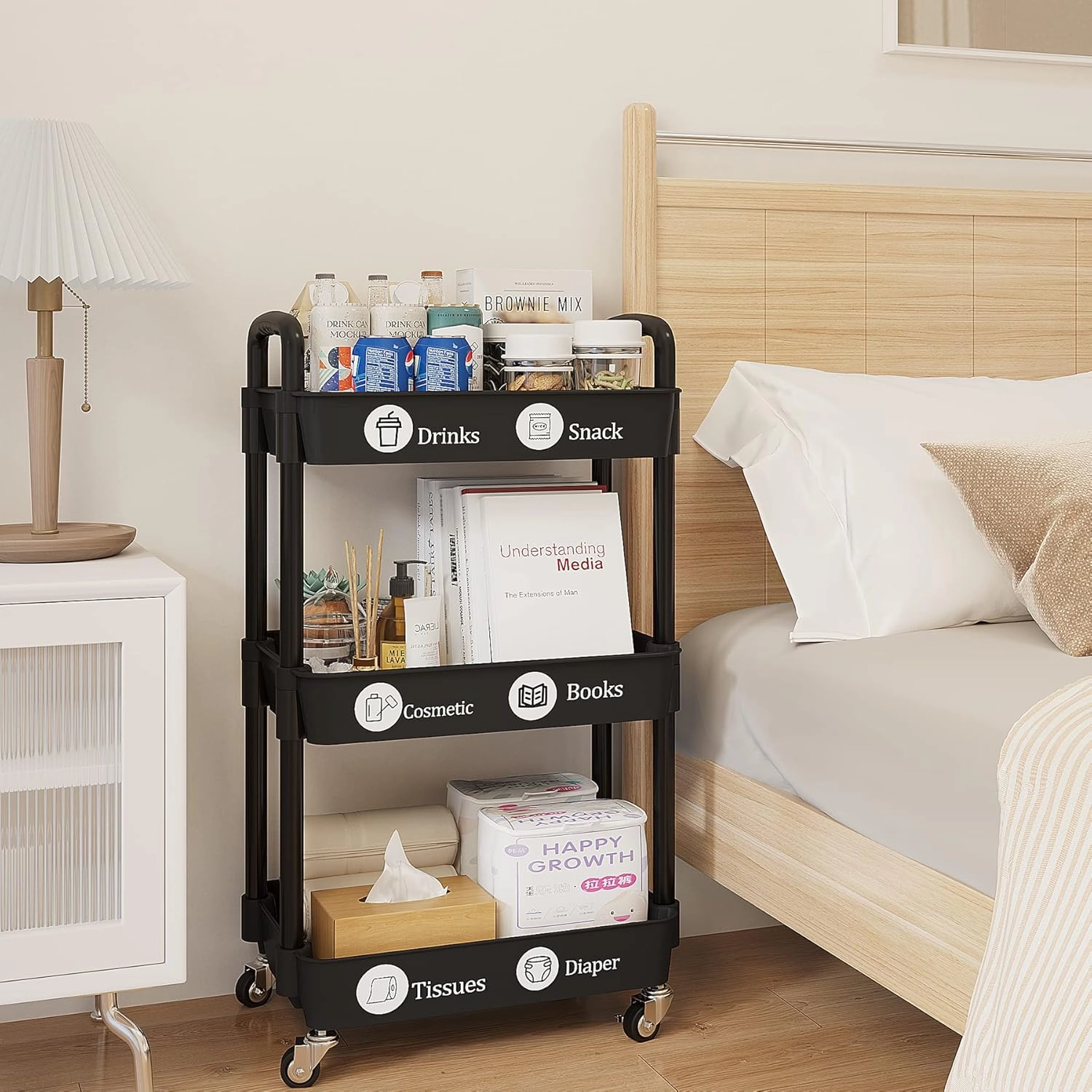 UDEAR 3-Tier Rolling Utility Cart with 12 Category Labels,Multifunctional Comagtable Rolling Shelving with Handle and Lockable Wheels for Room,Office,Kitchen,Bathroom,Black