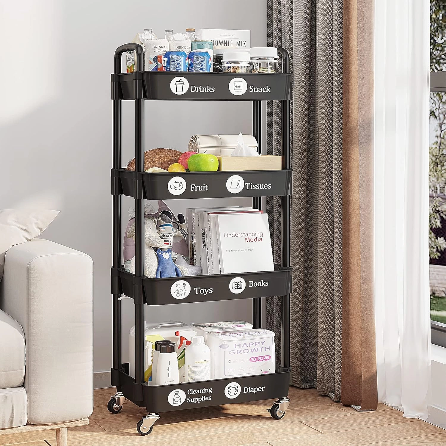 UDEAR 4-Tier Rolling Utility Cart with 12 Category Labels,Multifunctional Storage Shelves with Handle and Lockable Wheels for Room,Office,Kitchen,Bathroom,Black