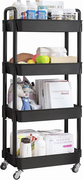 UDEAR 4-Tier Rolling Utility Cart with 12 Category Labels,Multifunctional Storage Shelves with Handle and Lockable Wheels for Room,Office,Kitchen,Bathroom,Black