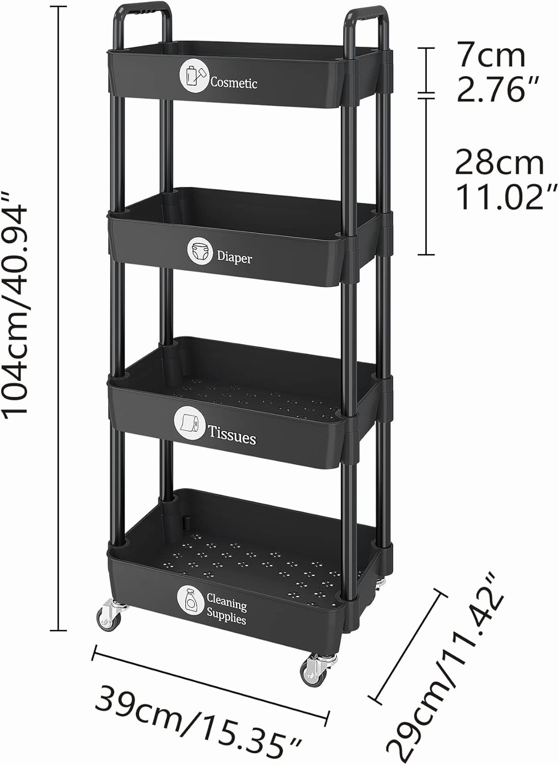 UDEAR 4-Tier Rolling Utility Cart with 12 Category Labels,Multifunctional Storage Shelves with Handle and Lockable Wheels for Room,Office,Kitchen,Bathroom,Black