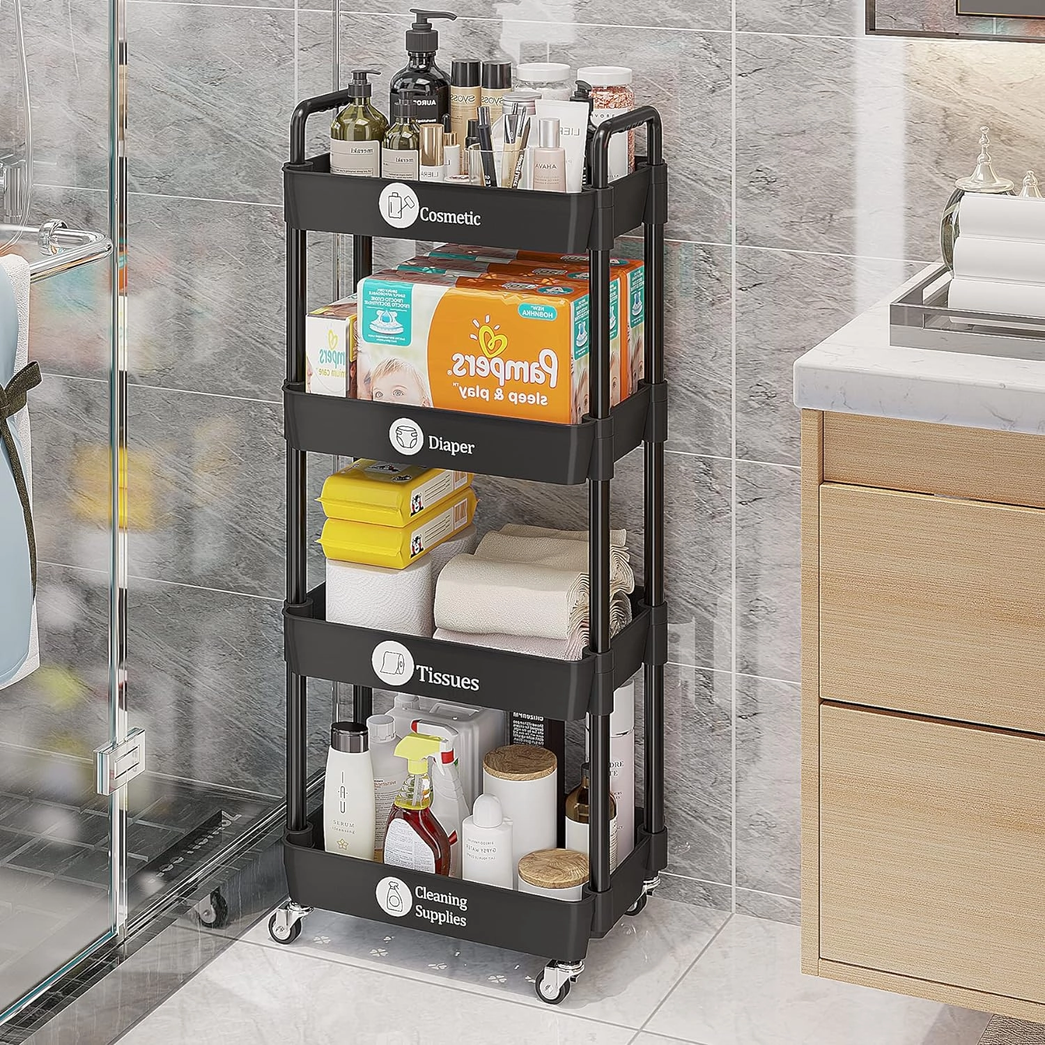 UDEAR 4-Tier Rolling Utility Cart with 12 Category Labels,Multifunctional Storage Shelves with Handle and Lockable Wheels for Room,Office,Kitchen,Bathroom,Black